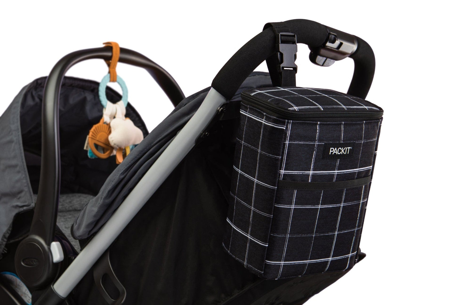 freezable-double-baby-bottle-bag-m8 freezable-double-baby-bottle-bag-black-grid-lifestyle-stroller.jpg