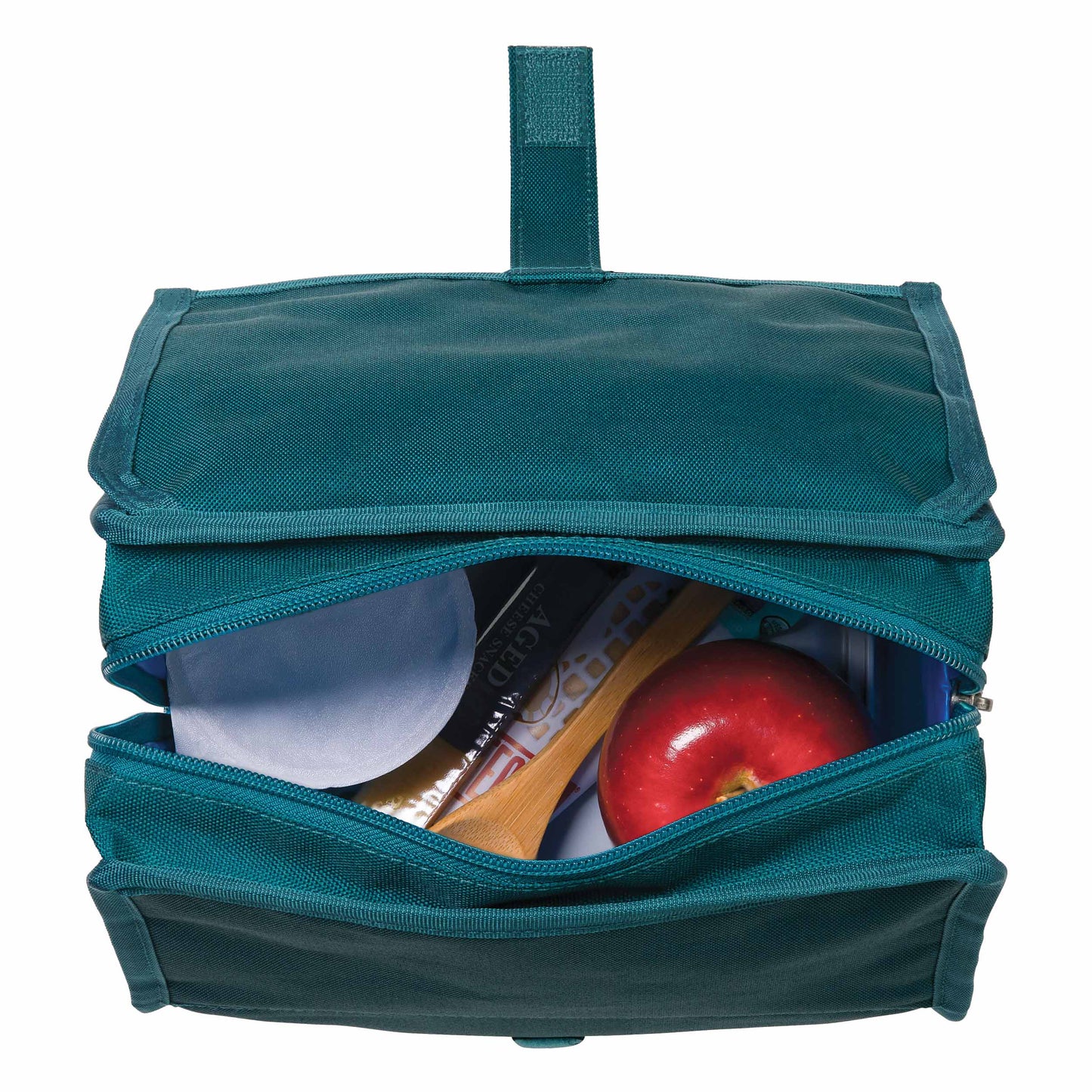 freezable-lunch-bag-x1 freezable-lunch-bag-deep-teal-top-view-packed.jpg