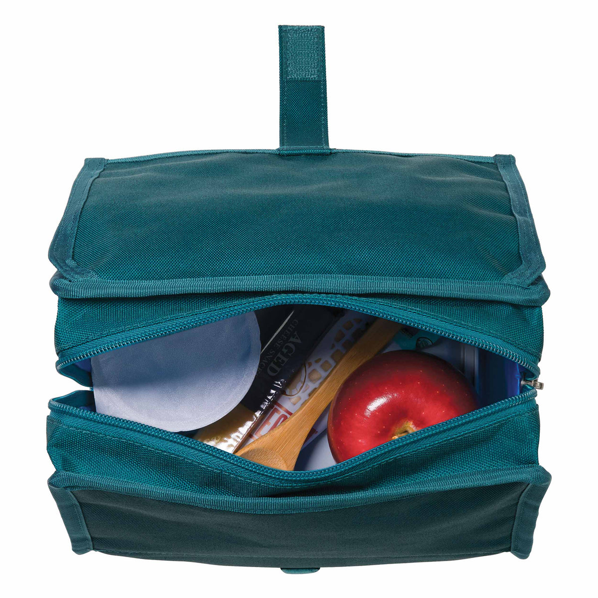 freezable-lunch-bag-z5 freezable-lunch-bag-deep-teal-top-view-packed.jpg